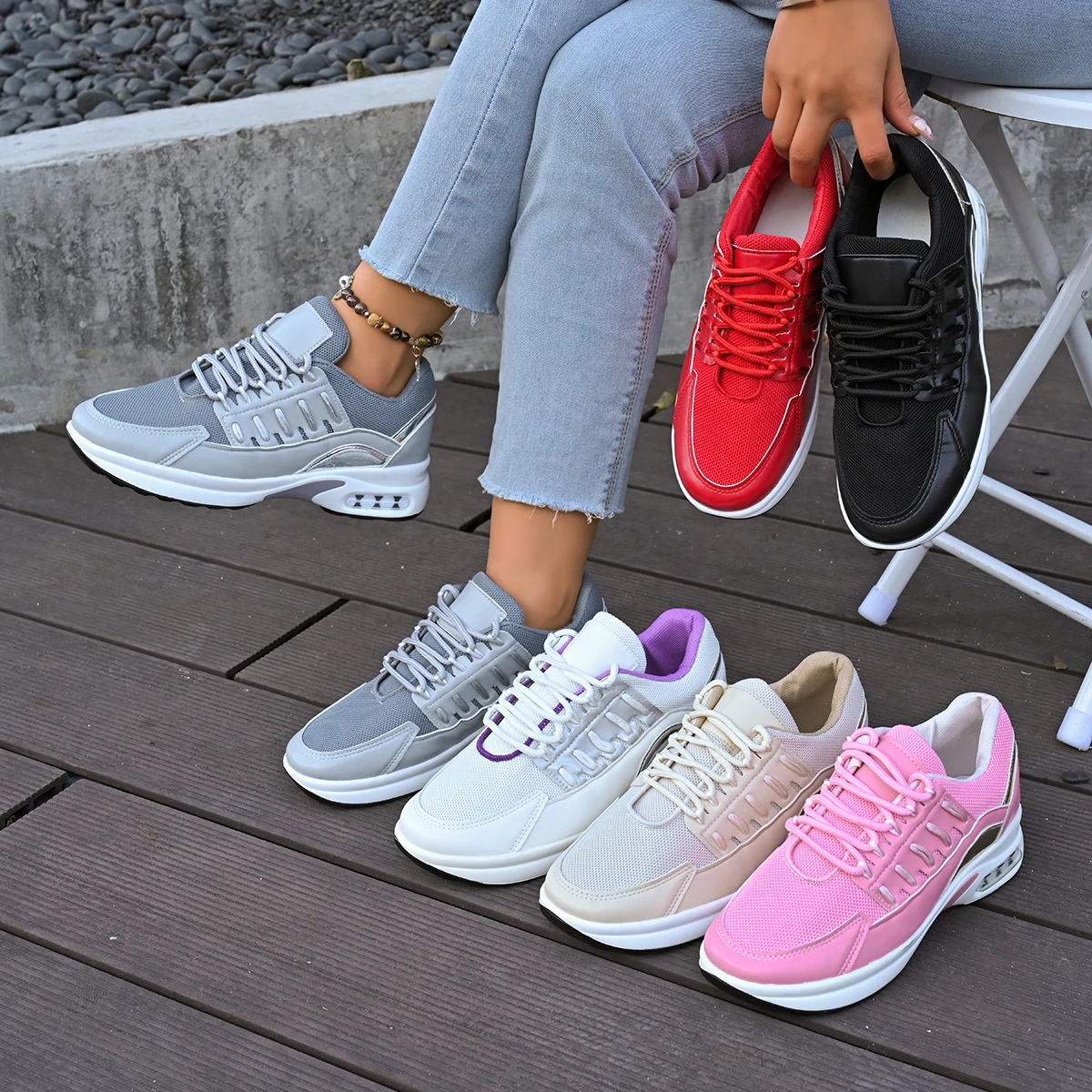 New Women's Sneakers - Fashionable, Casual, Running, Solid Color, Breathable, Comfortable, Strap up, Slope Heel Women's Shoes