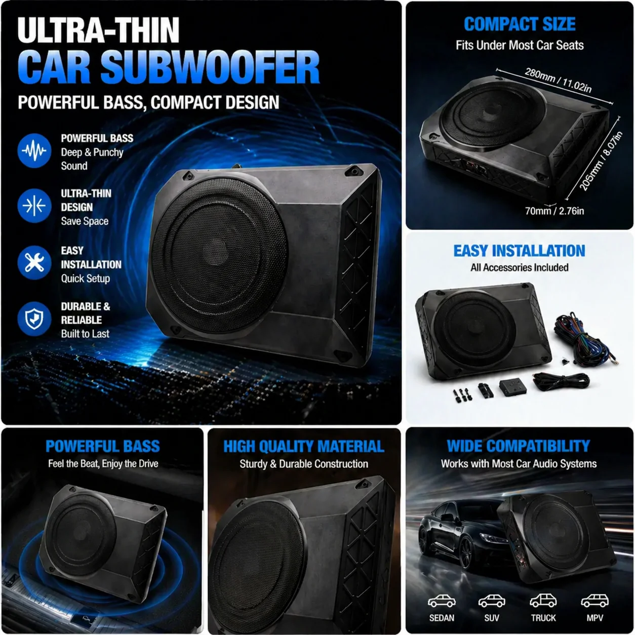 Car Subwoofer 10 Inch 800W Under Seat Car Audio Subwoofer Modified 12V High Power Audio System Music Stereo Speaker