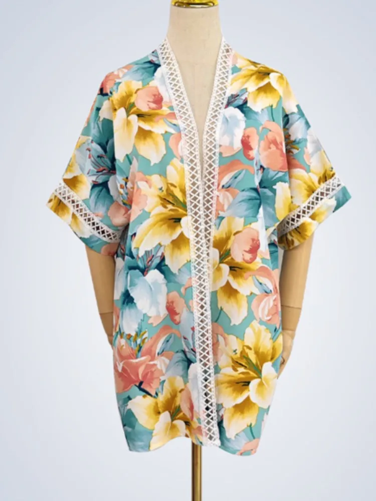 Strandkimono voor dames met bloemenprint, badpak, cover-up, wikkeljurken, badpakken aan zee, strandkleding, 2025, zomerbadmode, strand