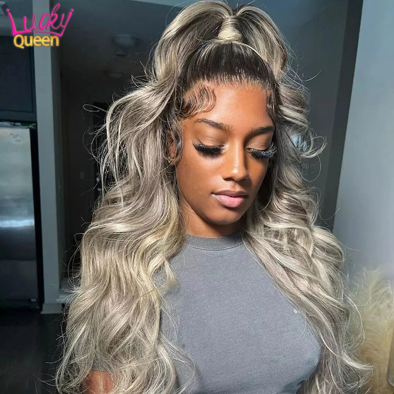 Ombre cinza frontal peruca de cabelo humano raiz escura onda do corpo peruca dianteira do laço para as mulheres rabo de cavalo cabelo pré arrancado