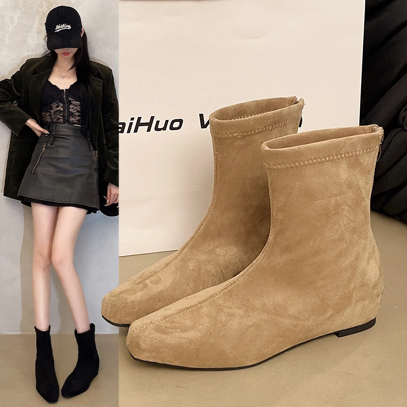 

Женские зимние новые женские модные высококачественные универсальные ботильоны 2024, сексуальные ботинки на низком каблуке с острым носком, модные замшевые ботинки