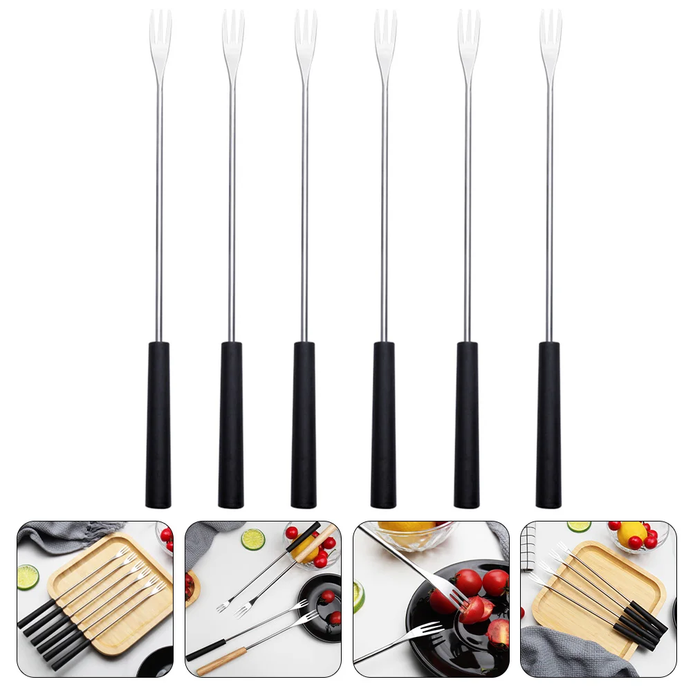 

6 Pcs Hot Pot Fork Black Silverware Stainless Steel Fondue Forks Household Grill Chocolate Cheese Food Travel