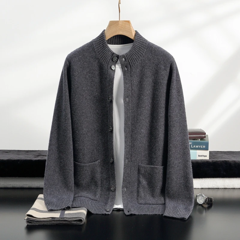 

Autumn Winter 100% Cashmere Men's Stand Collar Thick Cardigan Sweater Smart Casual Soft Knitwear High Quality Fashion Men Tops