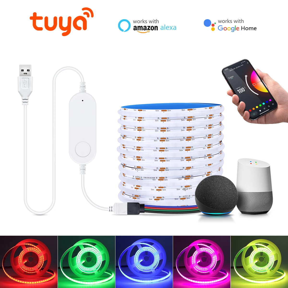 

5V Tuya Smart Life WiFi Control RGB LED Strip Light COB USB LED Tape Lighting Dimmer APP Voice Control For Alexa Google Home