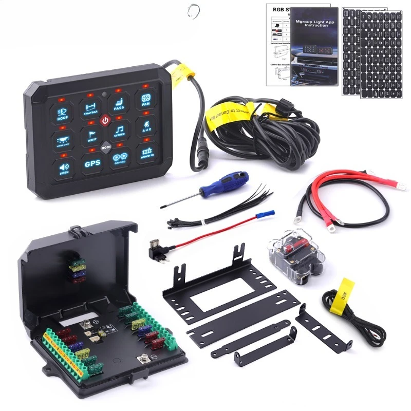 12-Push Button Switch Panel Kit, 7-Color RGB Switch Panel Kit with Customizable Labels and 12v Automotive Light Emitting