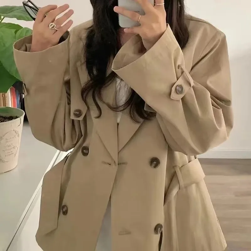 Khaki Cropped Trench Classic Notch Collar Metal Buttons Self Belted Relaxed Fit Daily Commuter Outerwear Valentine Gift 260602