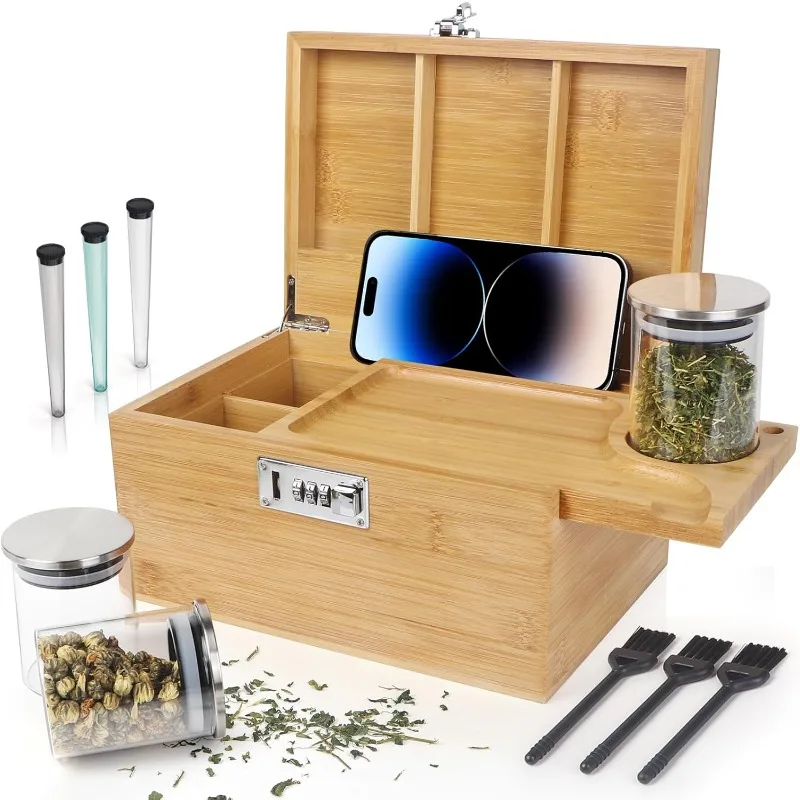 Large Bamboo Box with Combination Lock, Decorative Storage Box with Detachable Compartment, Brushes as Great Gift Choice.