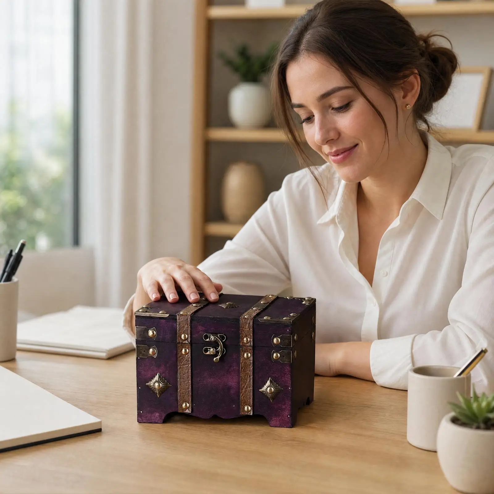 Lockable Wooden Keepsake Chest Box Jewelry Organizer with Diamond Accents for Small Personal Items Shelf Home