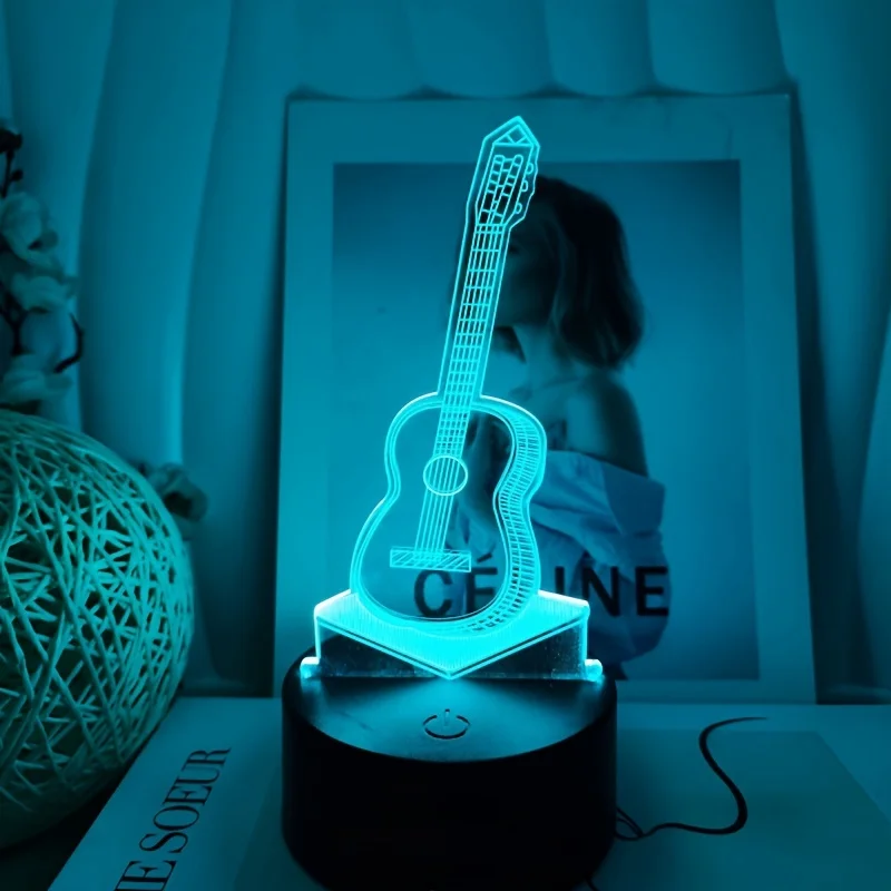 1pc Guitar 3D Night Light, 3D Optical Illusion Lamp With Touch, 7-Color Changing Ambient Light For Bedroom