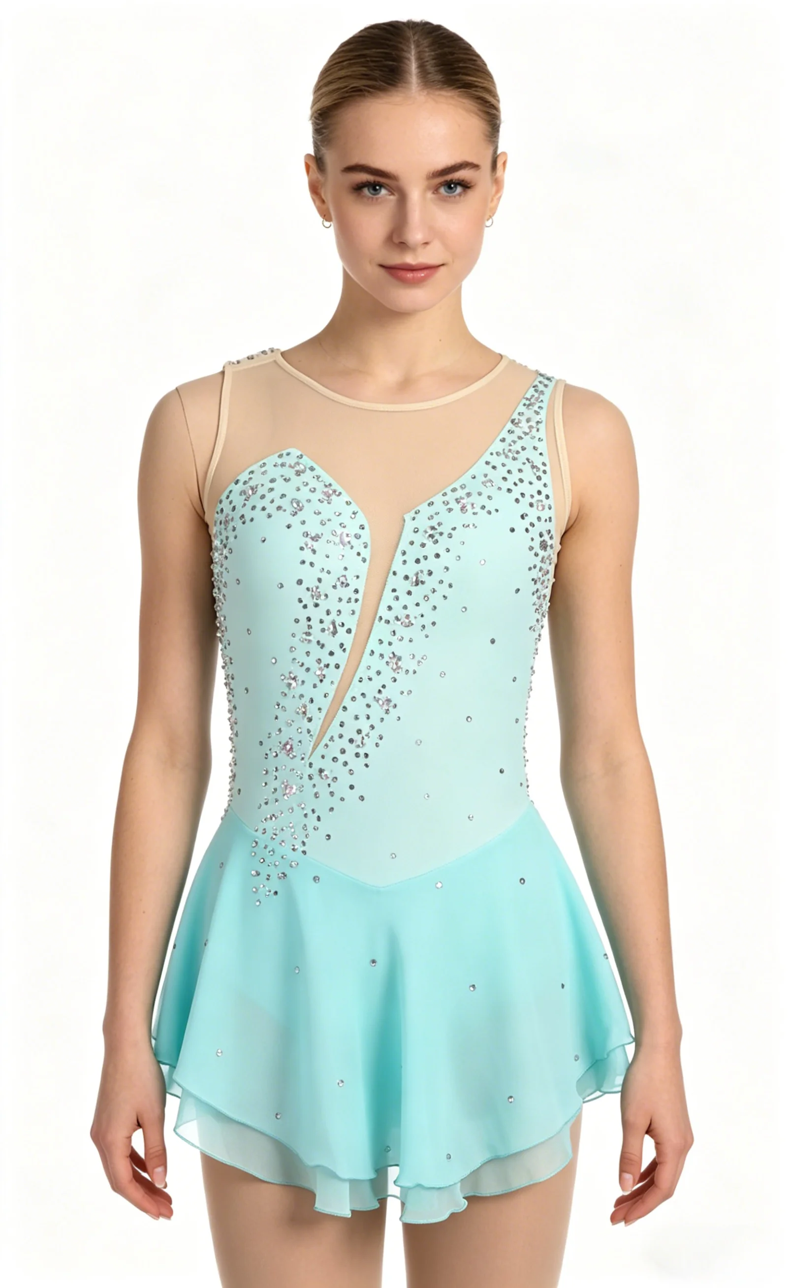 

Professional Figure Skating Dress Women Sparkle Rhinestone Decorated Skating Wear Sleeveless Mesh Bodice Flowy Chiffon Skirt