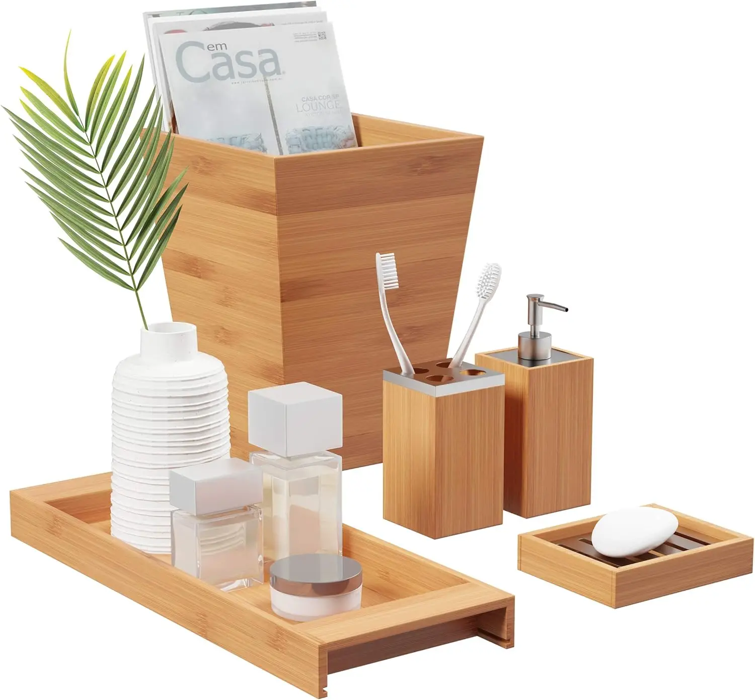 5-Piece Bathroom Decor Set - Bamboo Vanity Accessories with Trash Bin, Soap Dish, Soap Dispense