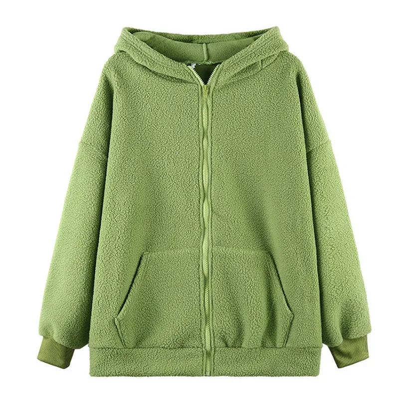 Autumn Winter Kawaii Frog Hooded Sweatshirt Zip-Up Plush Fleece Oversized Hoodies Women Thicken Warm Outwear Cute Animal Tops