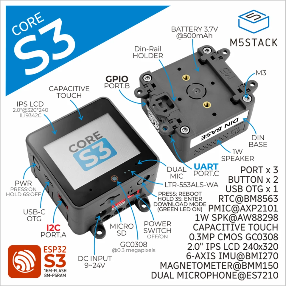 M5Stack CoreS3 ESP32-S3 2.0型タッチ カメラ付開発キット DinBase付 特別割引