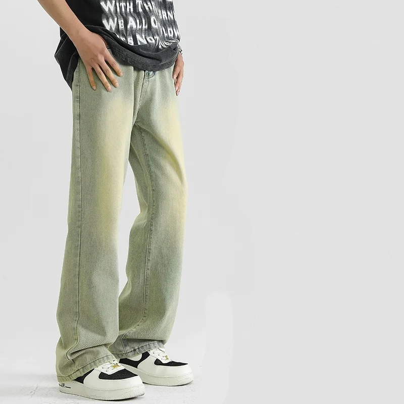 2025 Spring/Summer New Retro Washed Micro Horn Jeans for Men, Aged Loose Straight Tube High Street Fashion Brand, Wide Leg Micro