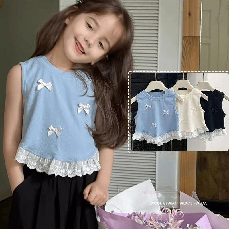 

Stylish Children Tank Tops Vest Girls Summer Short Sleeveless Bow-Knot Floral Lace Clothes Kids Casual Wear Cute T-Shirt
