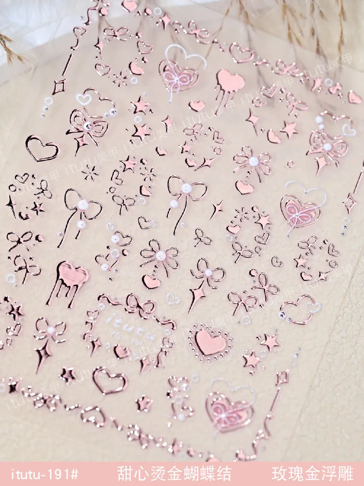 Autocollants pour ongles avec nœud bronzant doux, nœud Rose en forme de cœur en relief, autocollants en forme de cœur rouge argenté pour décoration de manucure à faire soi-même