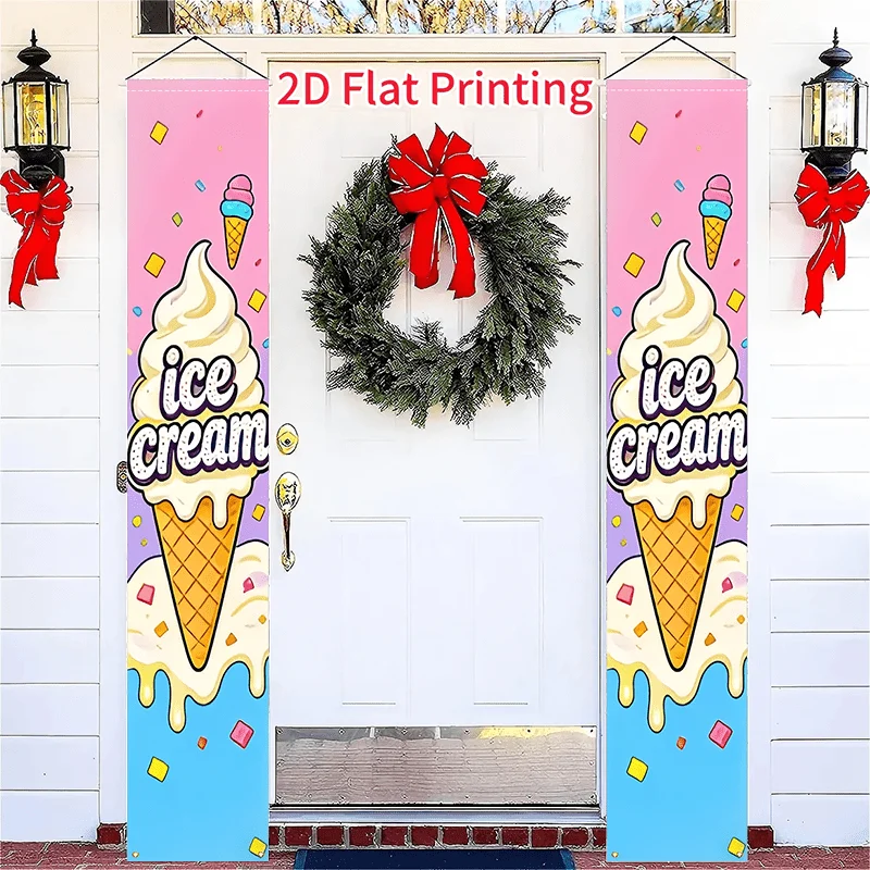 2Pcs 2D Flat Ice Cream Banner, Ice Cream Pattern Design, Hanging Banner for Shop Advertising & Farmhouse Indoor Outdoor Decor