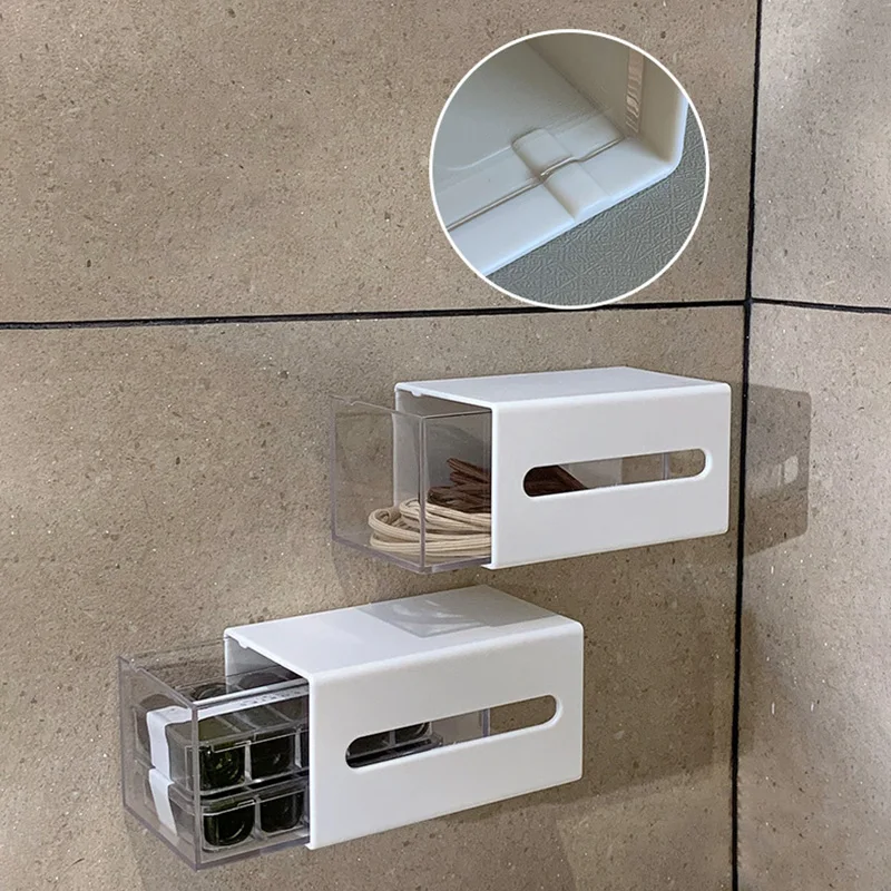 Bathroom Wall-Mounted Cotton Swab Storage Box Dormitory Non-Perforated Telescopic Storage Box Head Rope Hair Ring Mini Glove Box