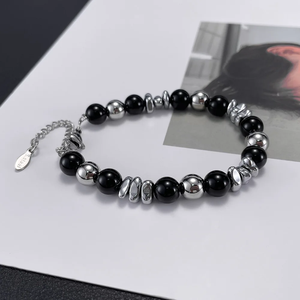 Hot Sale Double Black Agate Bracelet for Men and Women Natural Stone Stainless Steel Chain Bangles Handmade Jewelry Couple Gifts