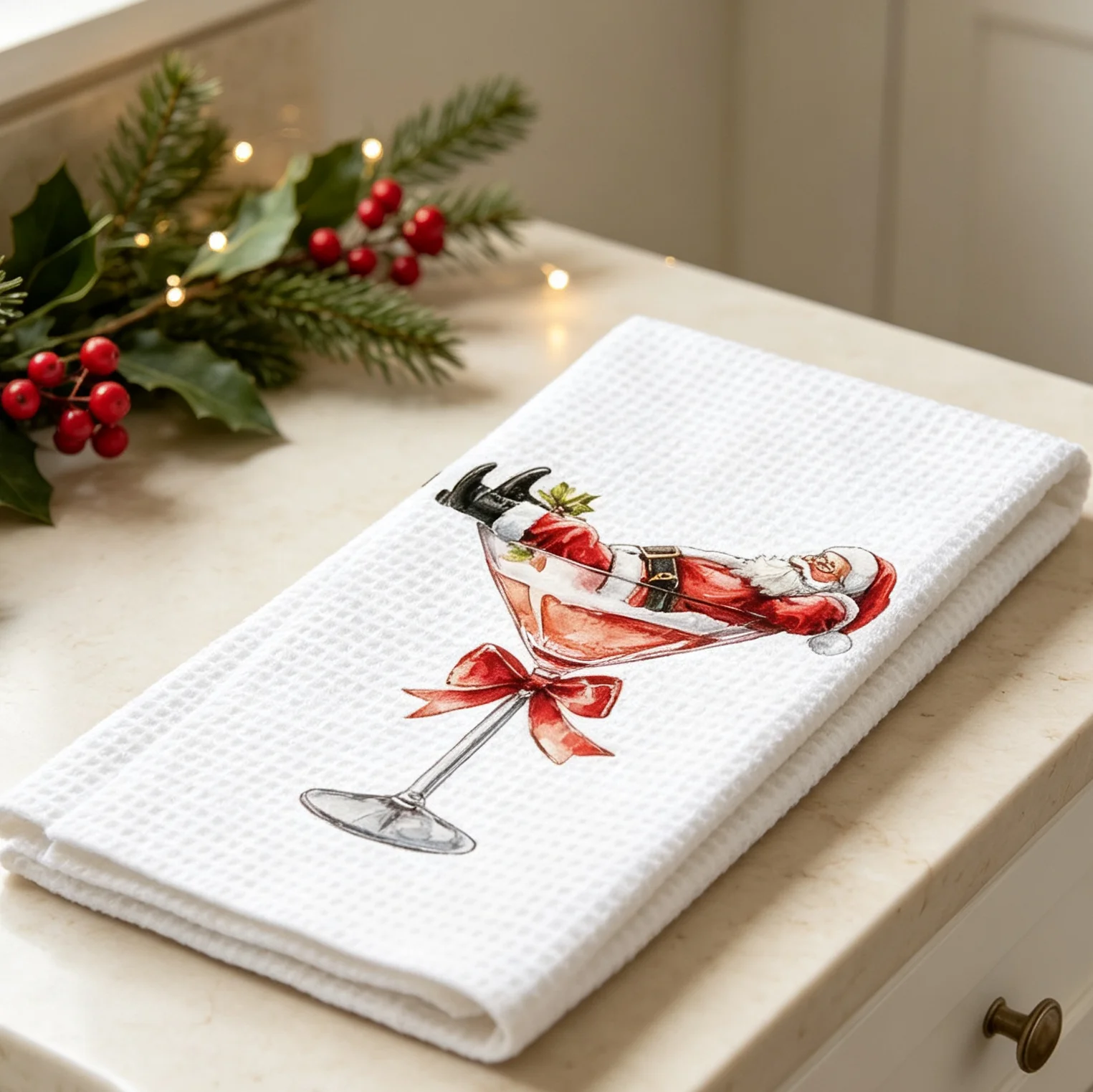 2 Humorous Santa Claus Lying in a Wine Glass Kitchen Towels, Santa Claus Cocktail Hand Towels, Gifts for Martini Enthusiasts, Stylish Santa Claus Christmas Napkins and Tea Towels, for Kitchen and Home Bar Cart Decorati