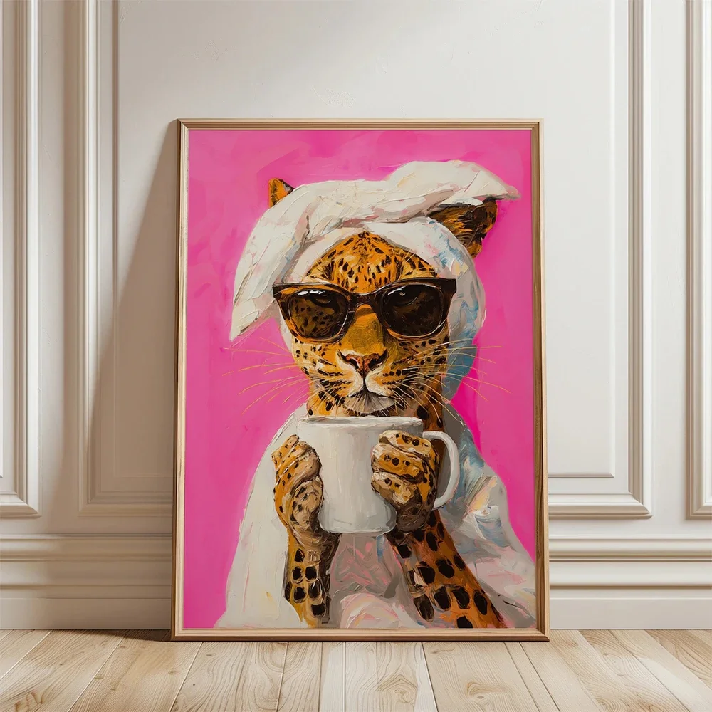 Moderno leopardo che beve caffè mattutino colorato dopamina poster artistico su tela - pittura murale decorativa per la casa per soggiorno
