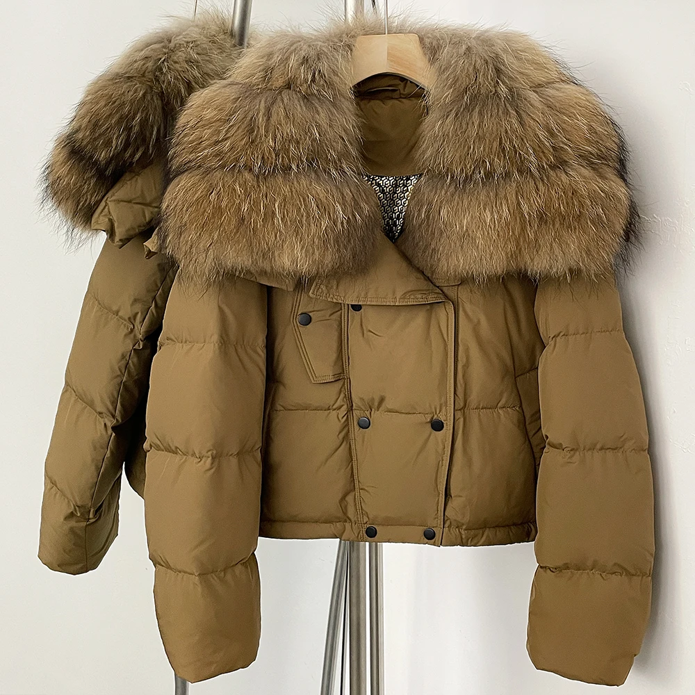 OFTBUY Nowy Płaszcz z Prawdziwego Futra Damski Krótki Puchowy Płaszcz Jesienno-Zimowy Biały Płaszcz z Kaczego Puchu Dwurzędowy Ciepły Płaszcz Wierzchni Damski