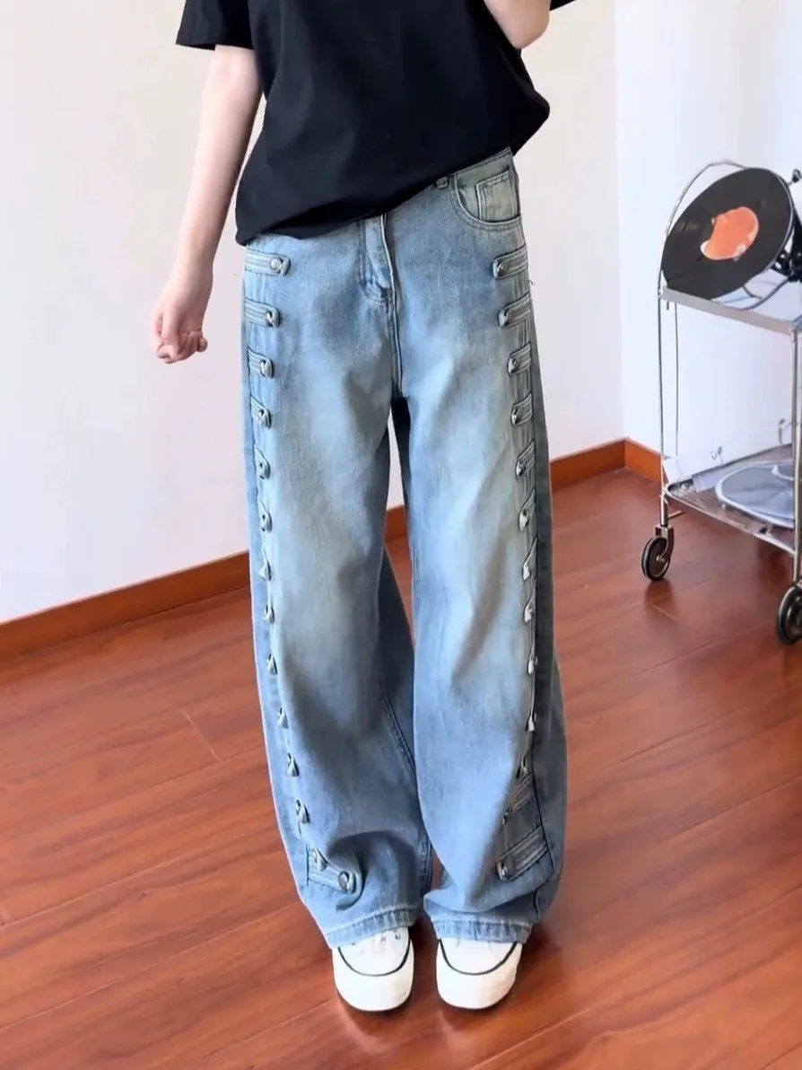 Loose Wide Leg Straight Jeans Women's New Design Sensation High Waist Metal Buckle Casual Trousers Comfortable Fit Denim Pants