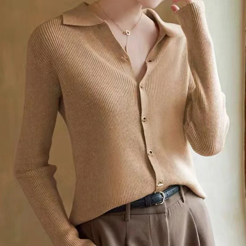 Women Chic Turn-down Collar Long Sleeve Sweater 2026 Autumn Winter Elegant Fashion Solid Knit Cardigan All-match Button Tops