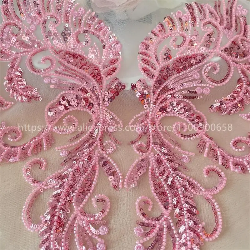 Large Front and Back Beaded Lace Applique, Pink, Shiny Opening, Tull Embroidery, DIY Wedding Dress, Children\'s Clothing, Sewing