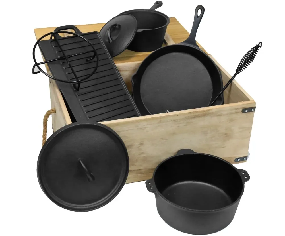 Free Sample Pre-Seasoned Outdoor Cookware Set Pot Cast Iron Dutch Oven Camping Cookware Set with Wood Carrying Storage Box