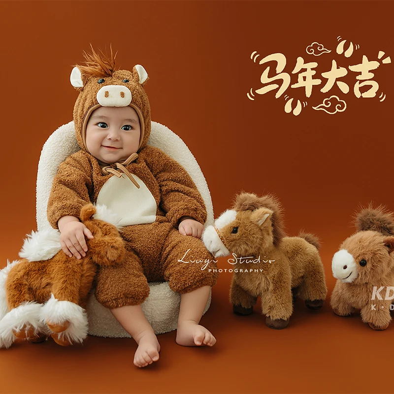 100-Days Celebration Theme Newborn Photography Props Pony-Shaped Romper and Matching Poney Dolls Studio Baby Photoshoot Outfit