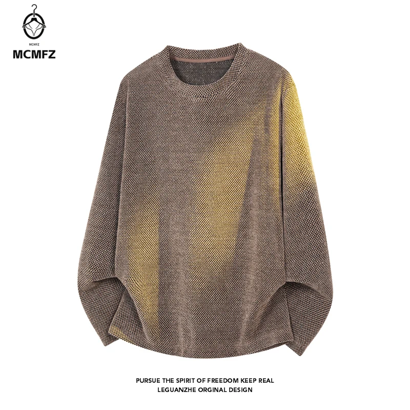Men Soft Knit Pullover Crew Neck Long Sleeve Faded Washed Gradient Pattern Oversized Silhouette For Casual Commute