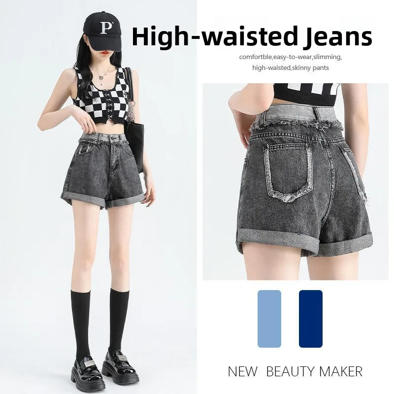 

High Waist A-Line Denim orts Women's Loose Faion Casual Roll-Up Wide Leg Hot Pants Color Blo Frayed Hem Summer Jeans