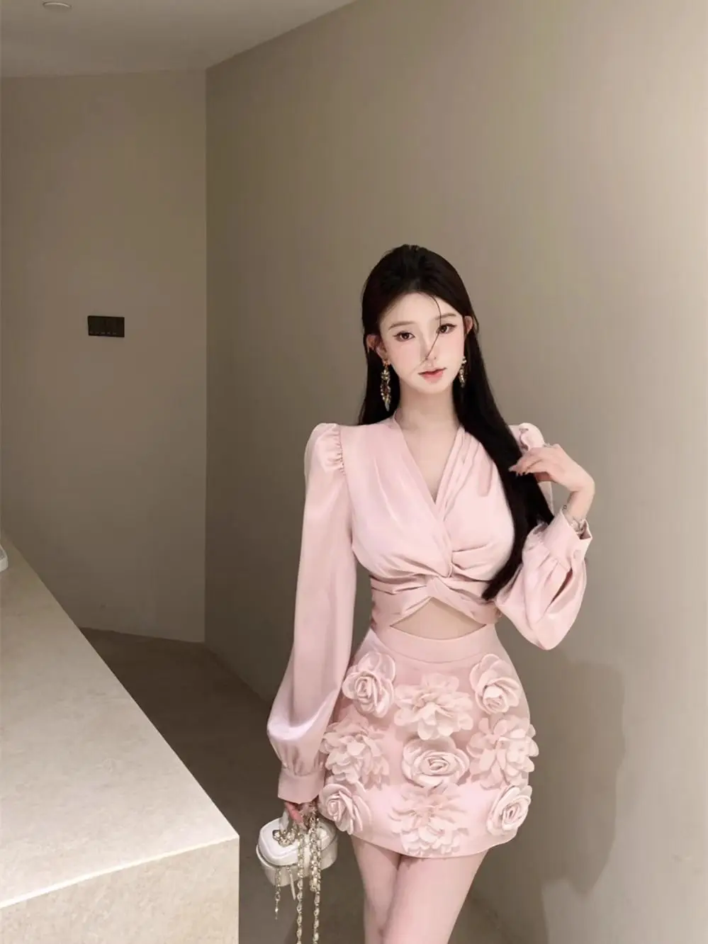 Women Pure Desire Style French Inspired Two Piece Set Spring Long Sleeve Shirt with Twisted VNeckand3DFlowerEmbellishedHalfSkirt
