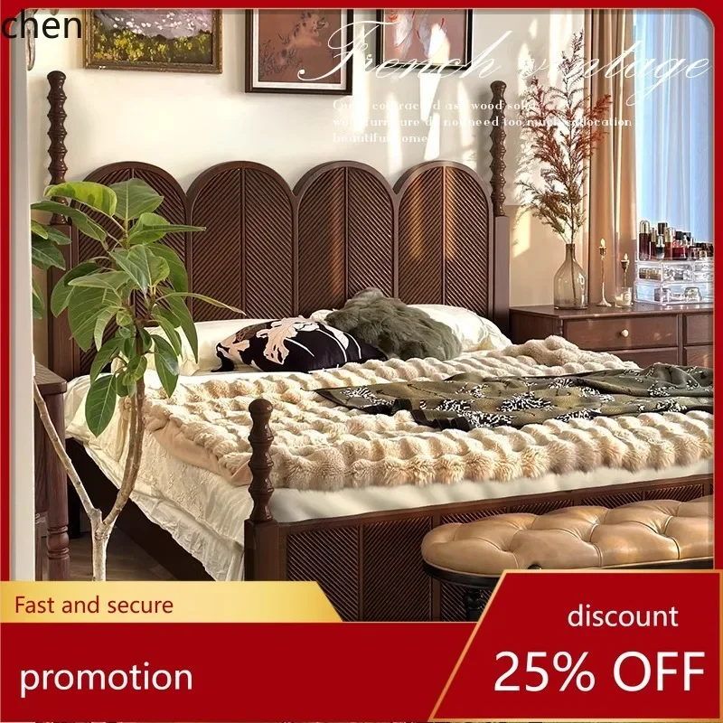 Solid Wood Bed Modern Simple 1.5M 1.8M Double Bed Retro Master Bedroom High-End Elegant Wedding Bed