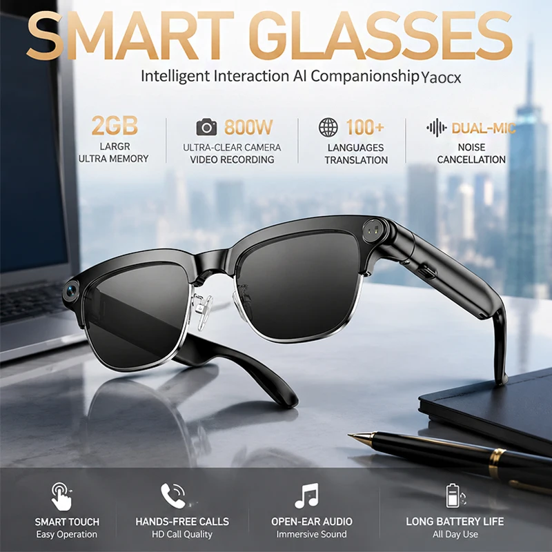 

New Smart Glasses Take Photos and Videos Real-Time Translation Voice Assistant Translation 2GB Memory 800W Camera Smart Glasses
