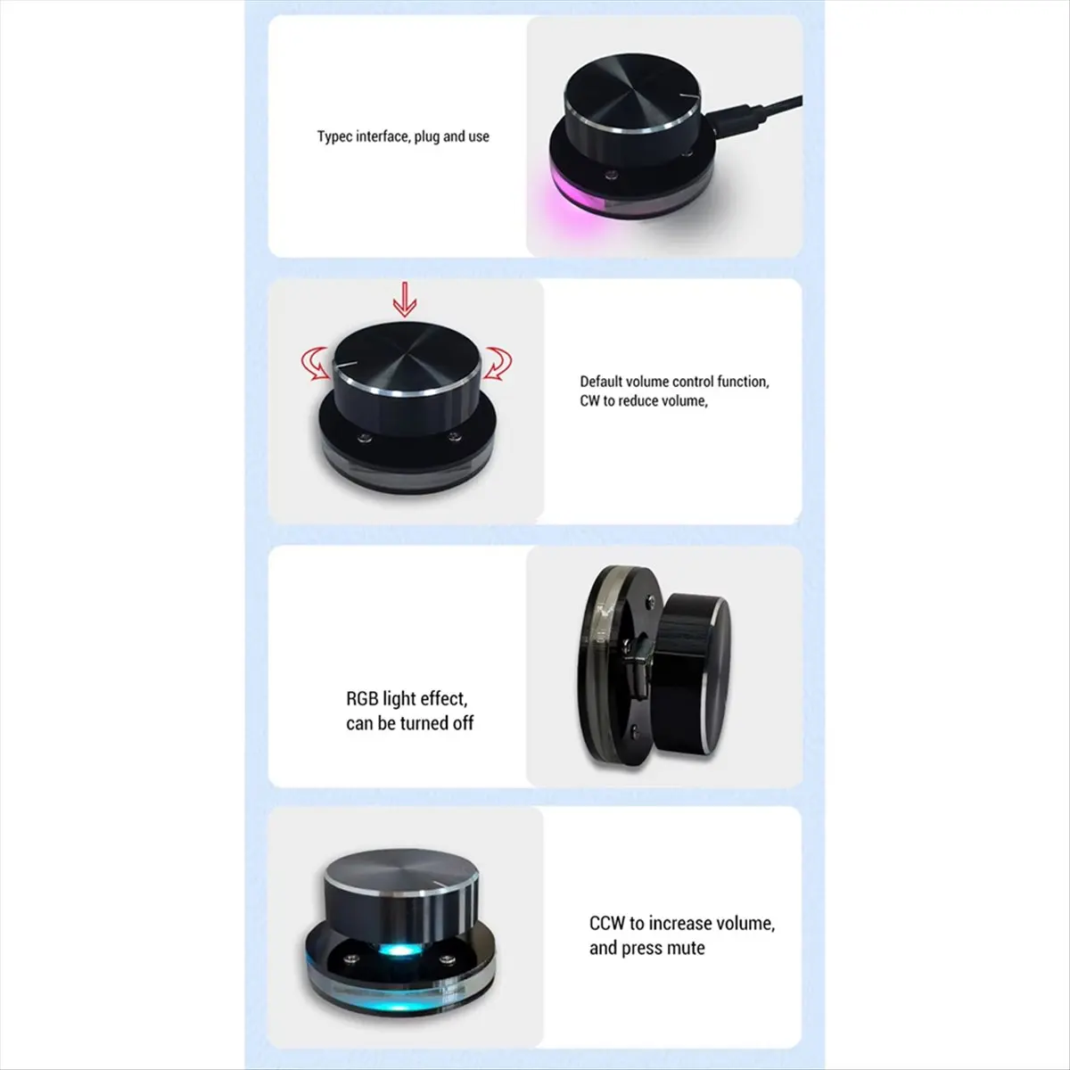 USB Volume Control Knob for Android System PC Multimedia Type C External Media Adjustment Controller with RGB Light