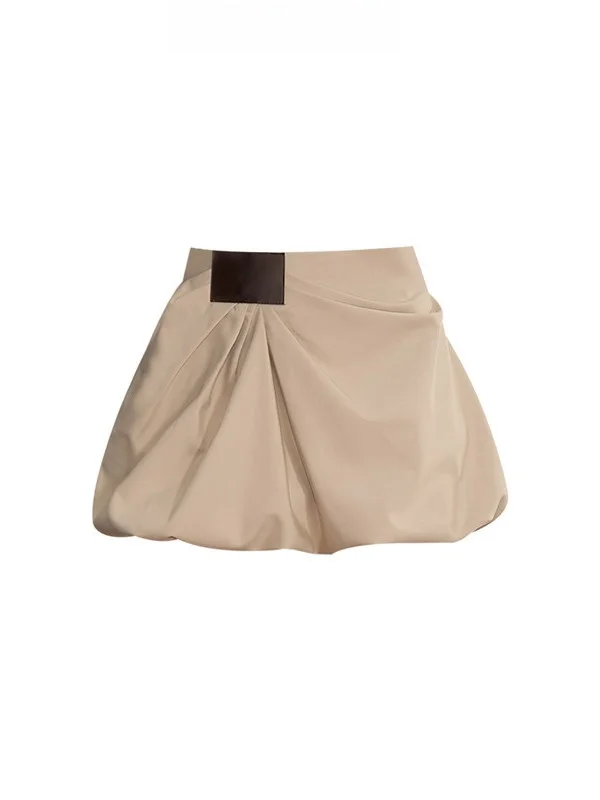 

Khaki Leather Tag Pleated Slimming Atmosphere Small Flower Bud A-Line Skirt Casual High Waist Short Sleeve Zipper Closure
