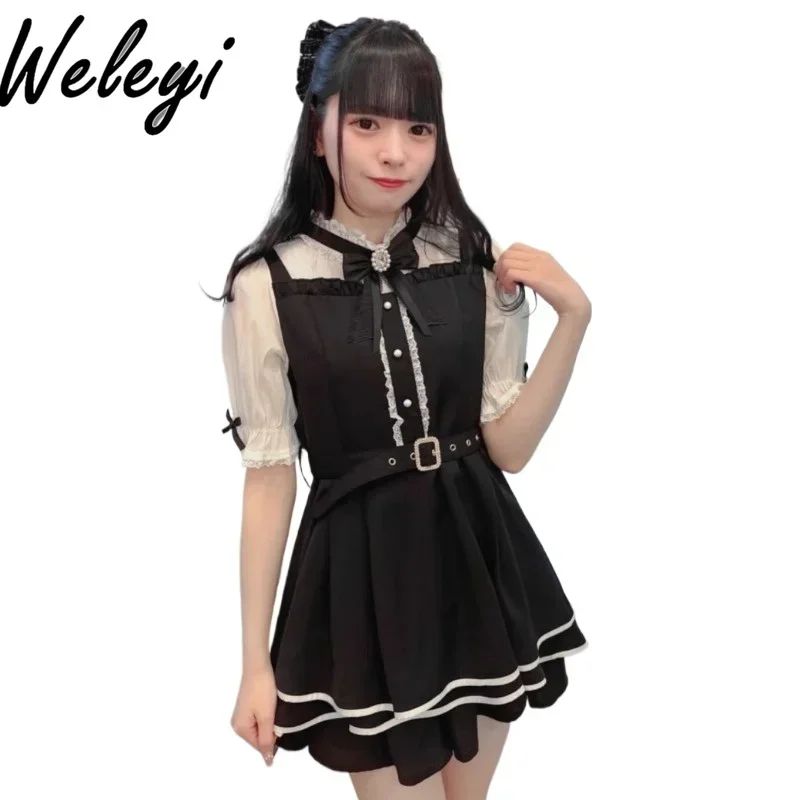 Lolita Kawaii Two Piece Sets Womans Clothing Japanese Fashion New College Style Cute Small Shirt Short Sleeve Skirt Elegant Suit