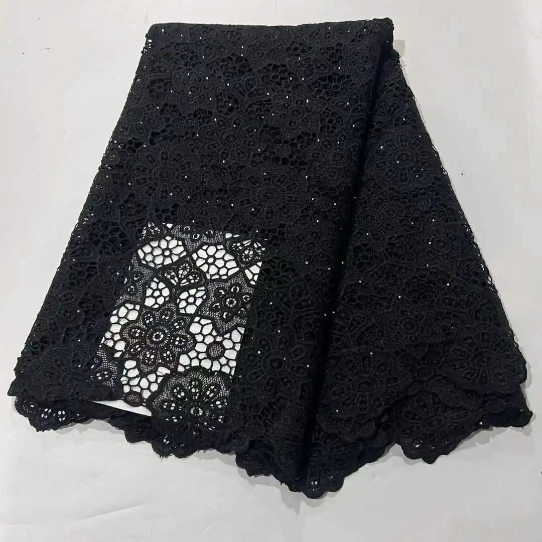 Ulifelace Skin Friendly African Black Milk Silk Embroidery Guipure Tulle Fabric Nigerian Celebration Lace with Stones CO971
