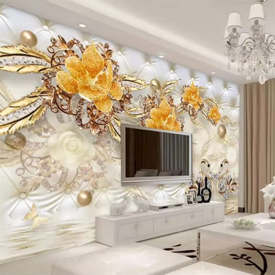 خلفية مخصصة موضة ثلاثية الأبعاد الجداريات الفاخرة الزهور الذهبية حزمة لينة الكرة مجوهرات غرفة المعيشة تلفزيون حائط الخلفية ورق ديكور المنزل