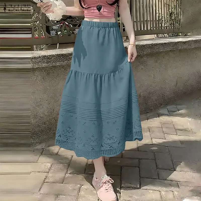 

ZANZEA Elegant Women Long Skirt Fashion Solid Lace Casual Midi Jupes 2026 Summer High Waist Streetwear Elastic Waist Faldas Saia