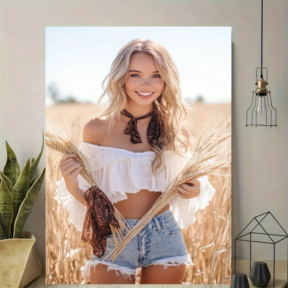 

Vintage metal poster, modern retro wall art - beautiful woman in wheat field, high-quality print for home office, bedroom, livin