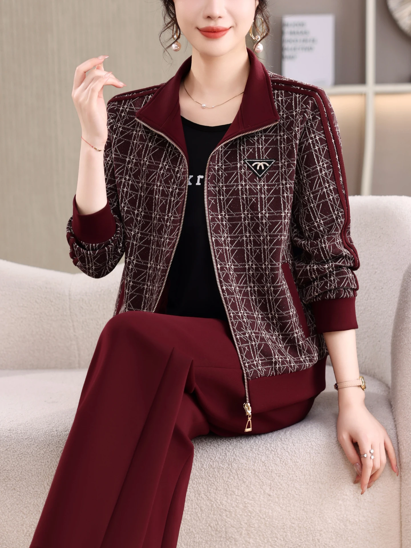 

Casual Two-Piece Fitn Exercise Suit for Middle-Aged And ly Women Zipper Jaet And Long Pants Leisure Mommy Outfit