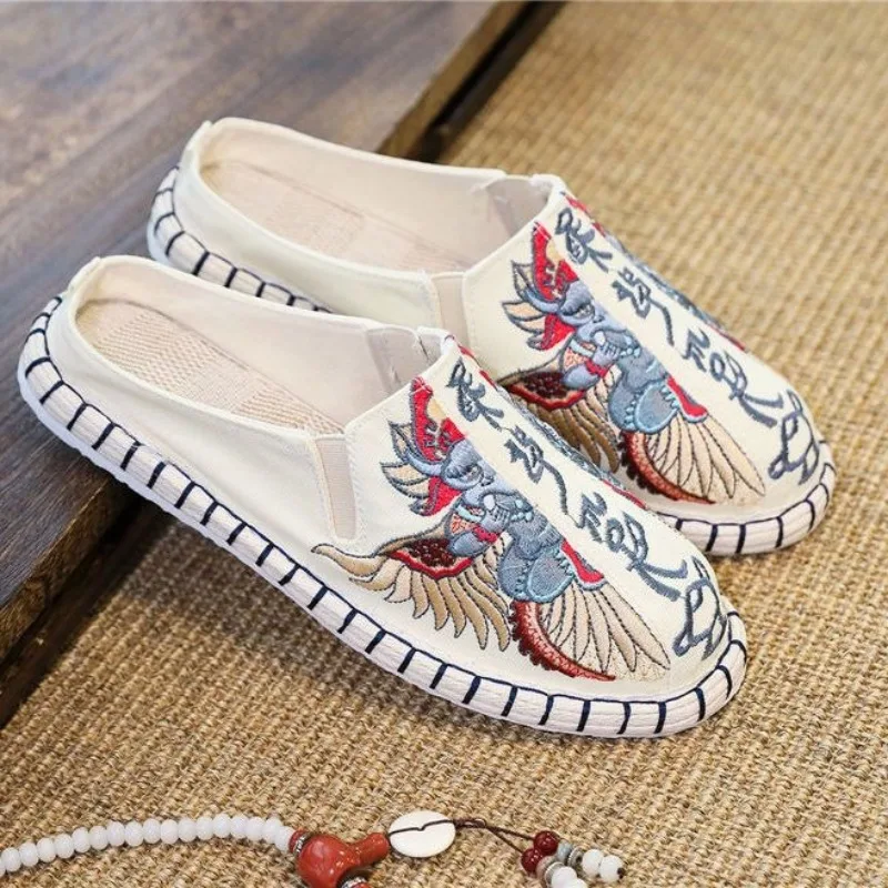 

Breathable Chinese Style Flat Cloth Slippers for Men Soft Sole Semi-Open Design for Spring Summer