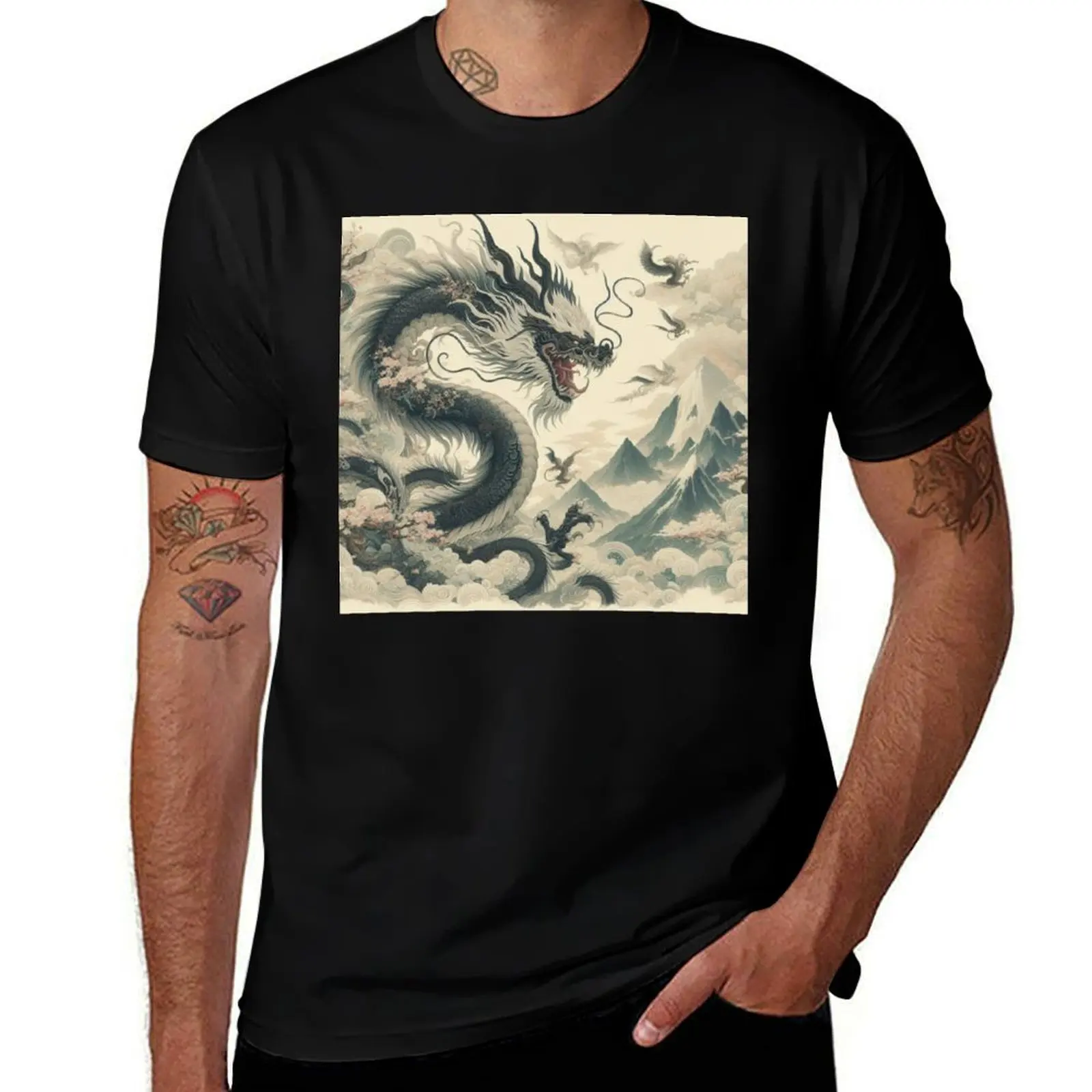 Black Dragon Dancing in the Sky T-Shirt Outdoor Sports Lightweight Tee