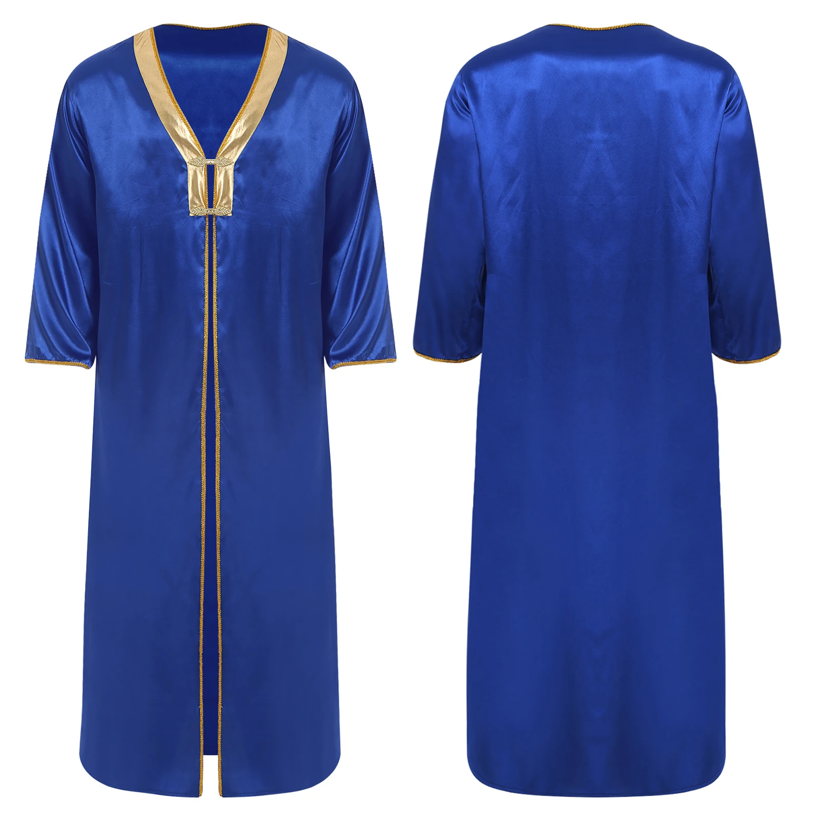 Mens Arab Priest Roleplay Robe Long Sleeve Metallic Shiny Patchwork Gold Trim Retro Arabian Costume for Halloween Padre Cosplay
