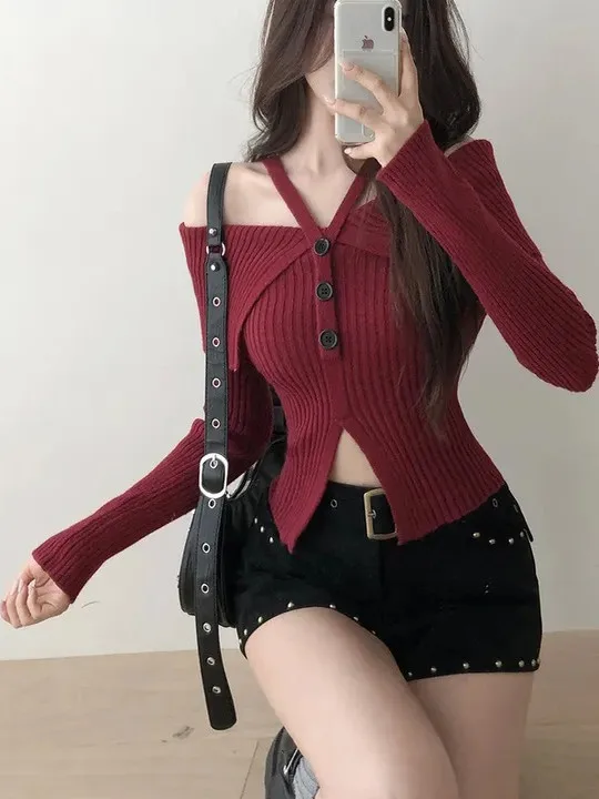 

Корейский облегающий вязаный свитер с колючками на плечах Long Sve Ne с подвесным откидным воротником или длиной, женская модная осень...