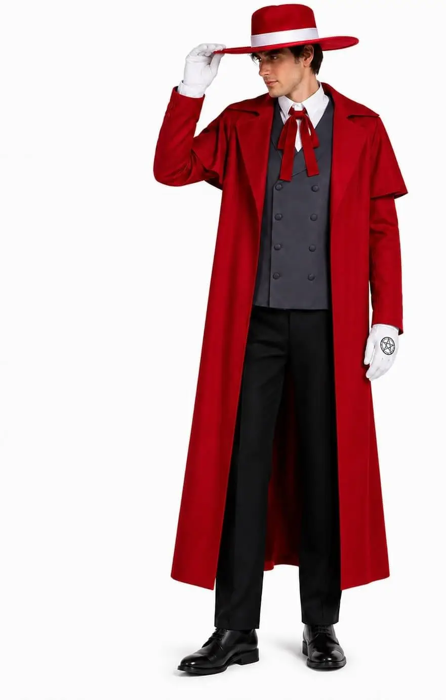 Anime Alucard Cosplay Costume Men's Anime Vampire Cosplay Costume Red Long Coat Outfit with Hat Vest Shirt Pants view 3
