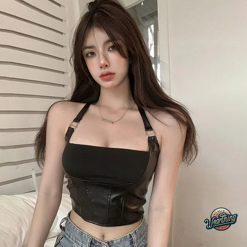 

Sexy Backless Halter Neck Vest Chic Sheath Club Party Pu Leather Cropped Tops